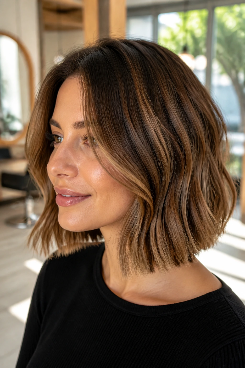 Close-up of a person with chestnut base and toffee ribbon bob in warm salon light.
