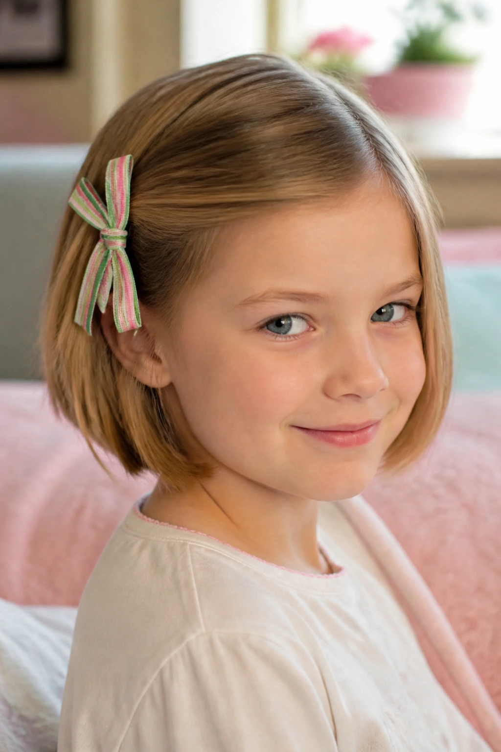 Child with ribbon accessory in the bob hairstyle