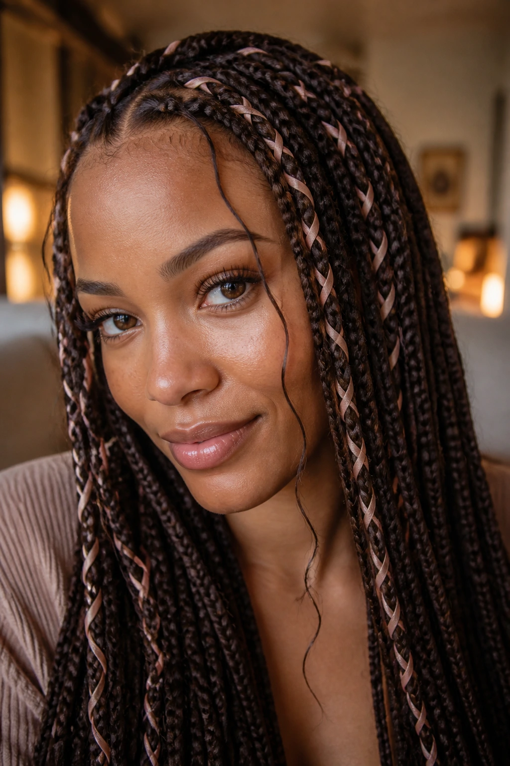 Close-up of ribbon-woven boho braids on a real person