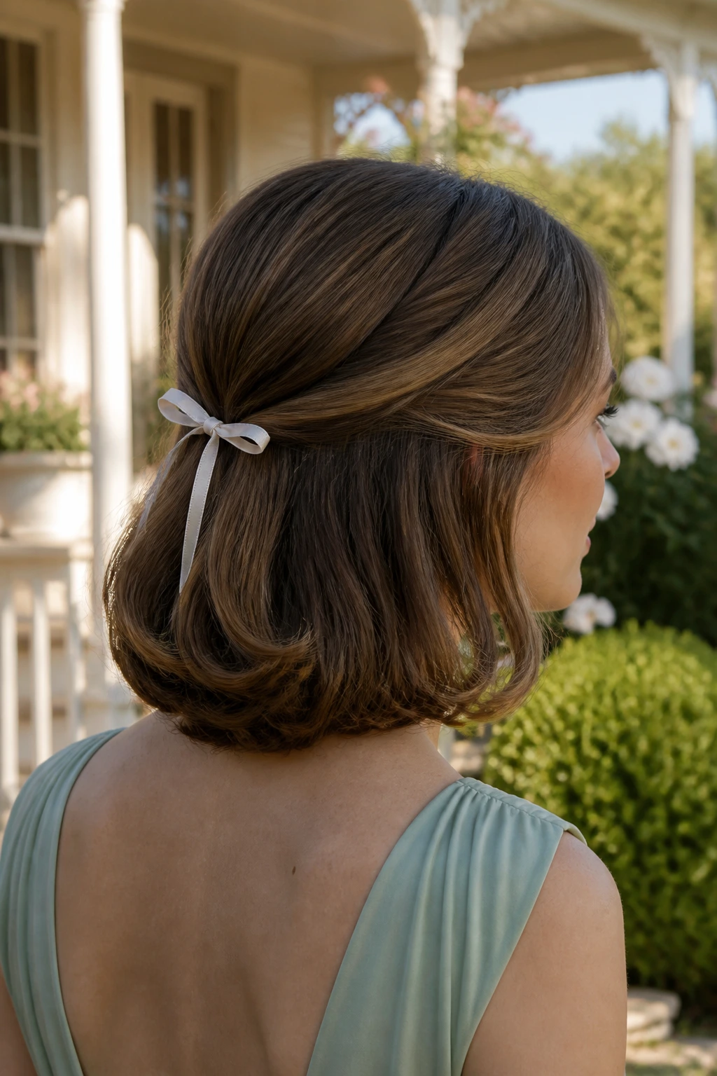 Close-up of a real woman with curled ends and a slim satin ribbon bow on a short hairstyle.