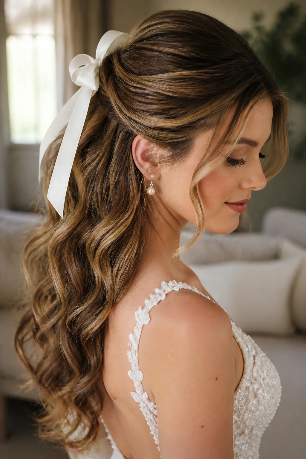 Real bride with ribbon-tied bow half-up hairstyle in a sunlit bridal suite