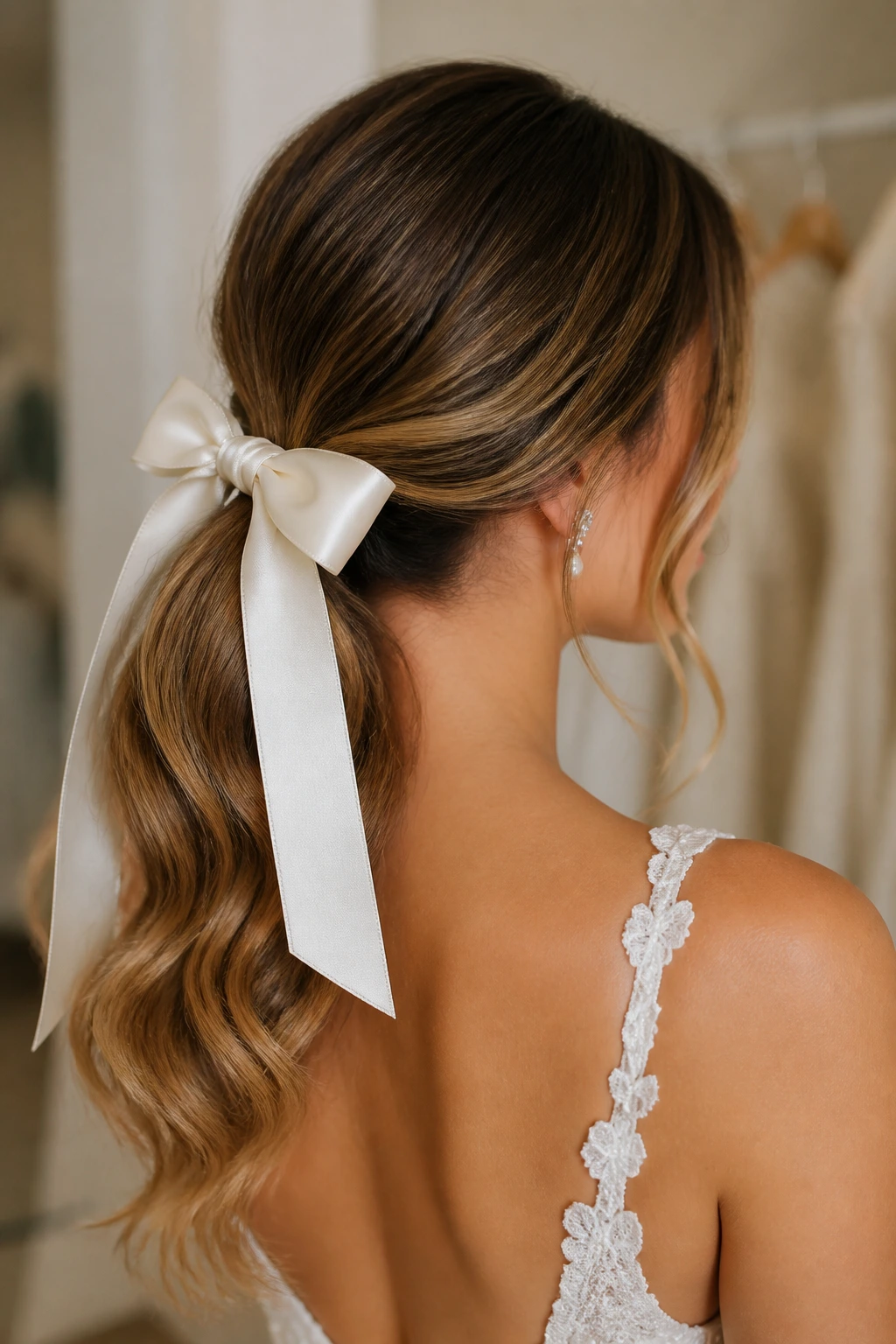 Bride with satin bow ribbon tied ponytail