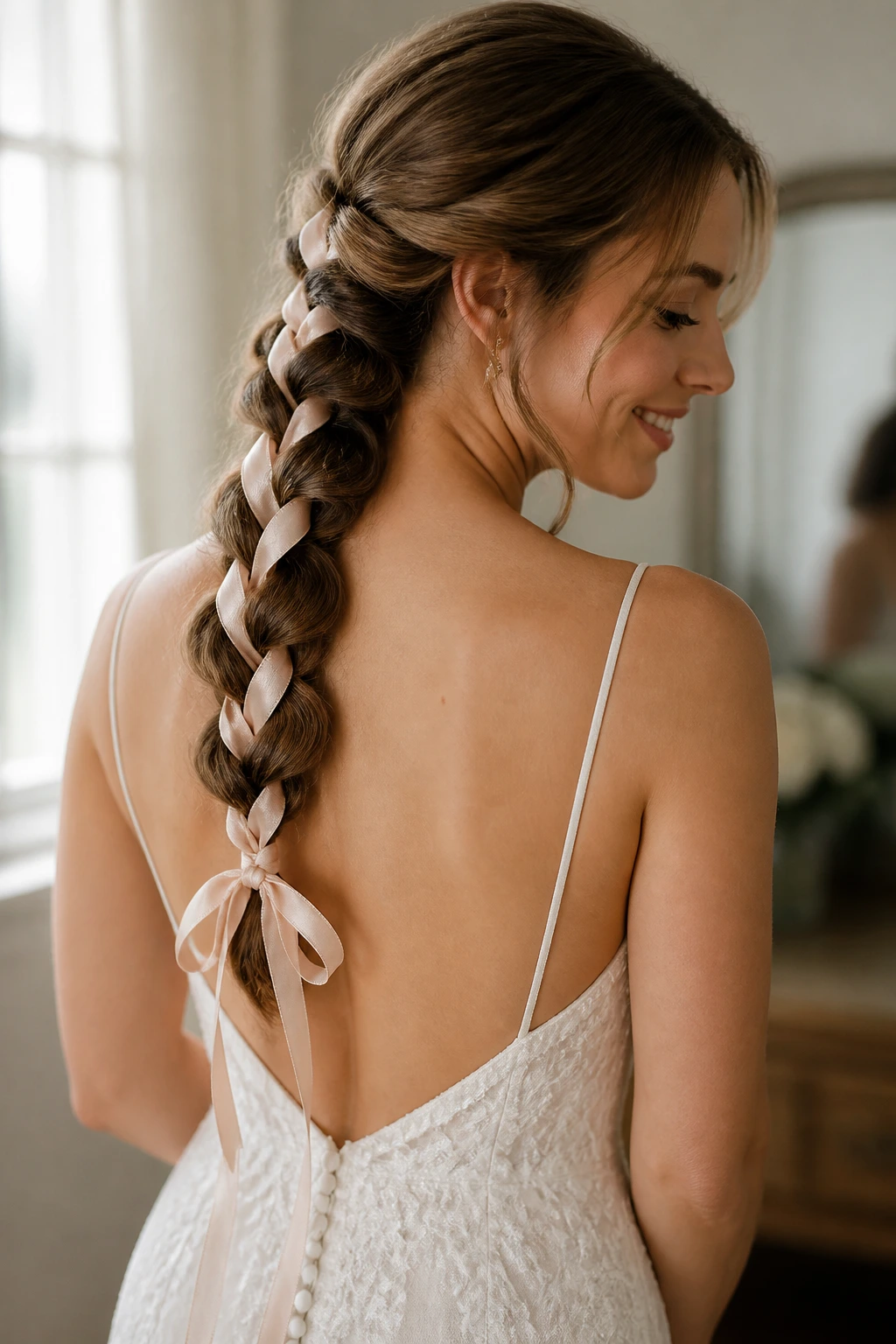 Close-up of a real bride with a ribbon-wrapped low braid