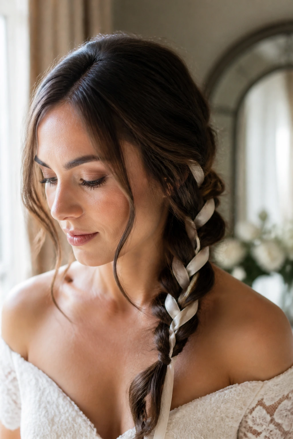 Close-up of a real woman with a low side braid woven with a silk ribbon over her shoulder in a bridal setting