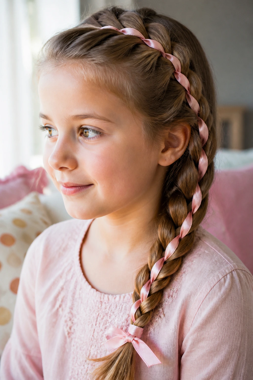 Close-up of a girl with a satin ribbon woven into a side braid in a cozy bedroom