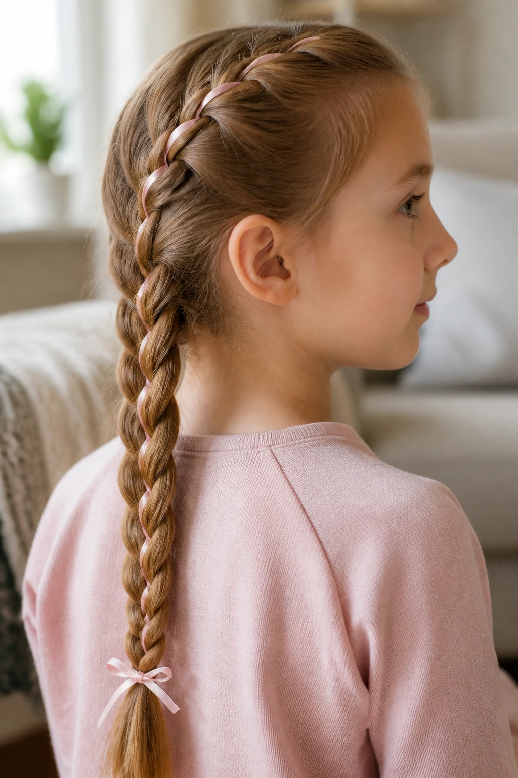 Close-up of a child's hair showing a ribbon woven through a neat braid