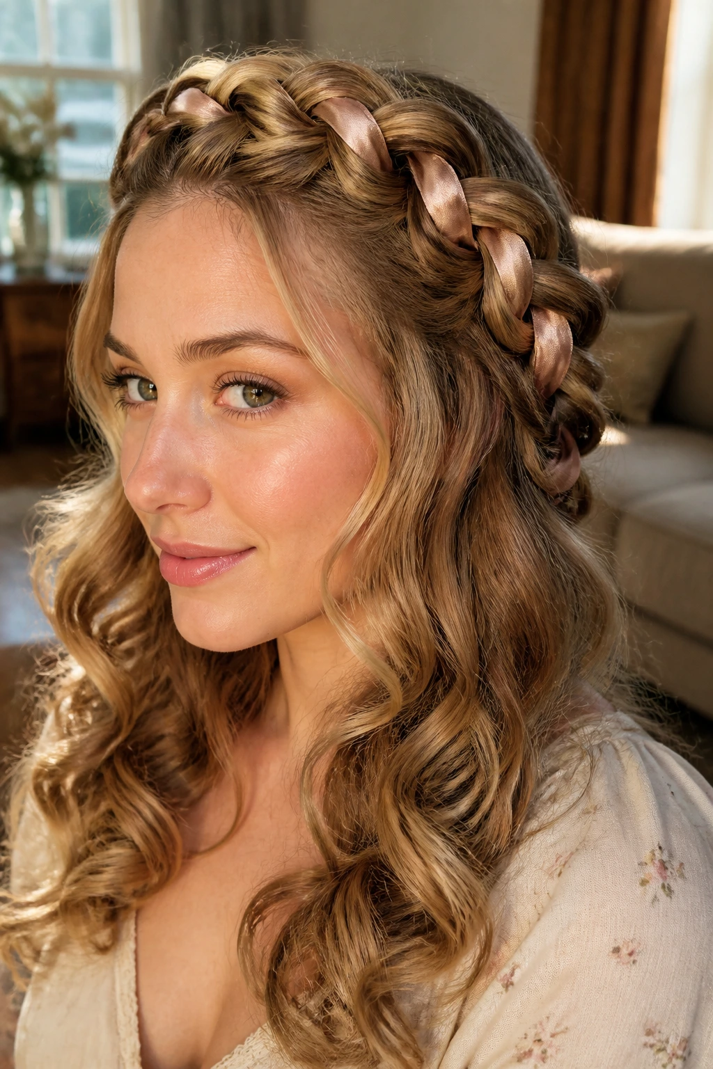 Close-up of a real woman with a laced ribbon braid over soft curls and visible satin ribbon.