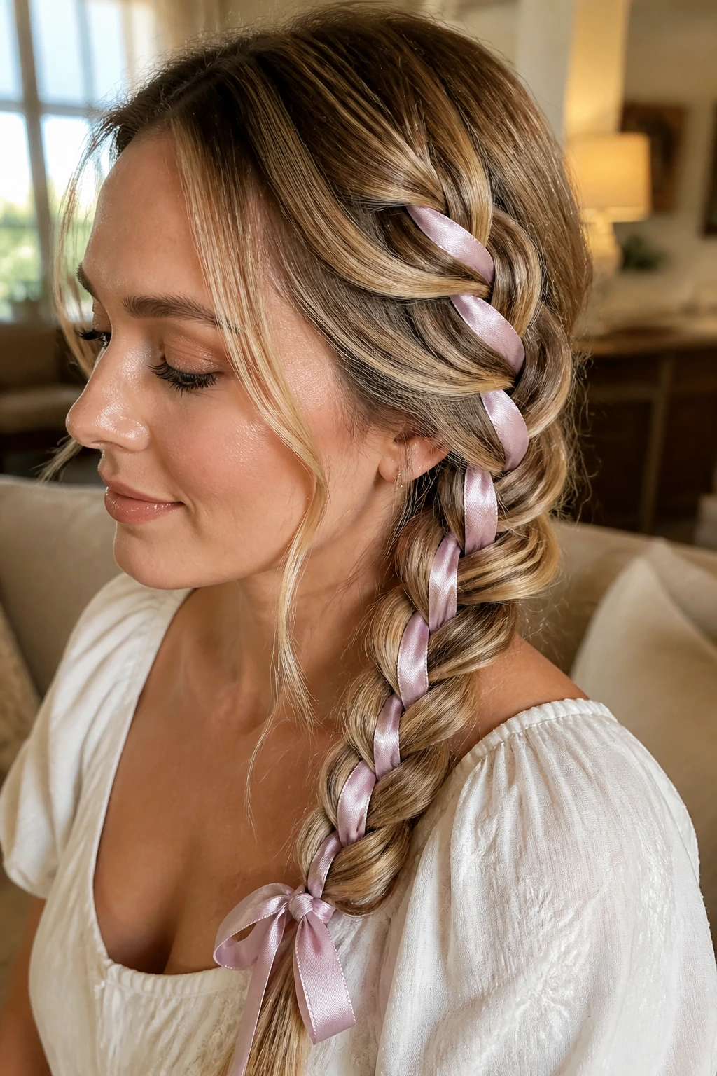 Close-up of a woman with a pastel satin ribbon woven into a side braid