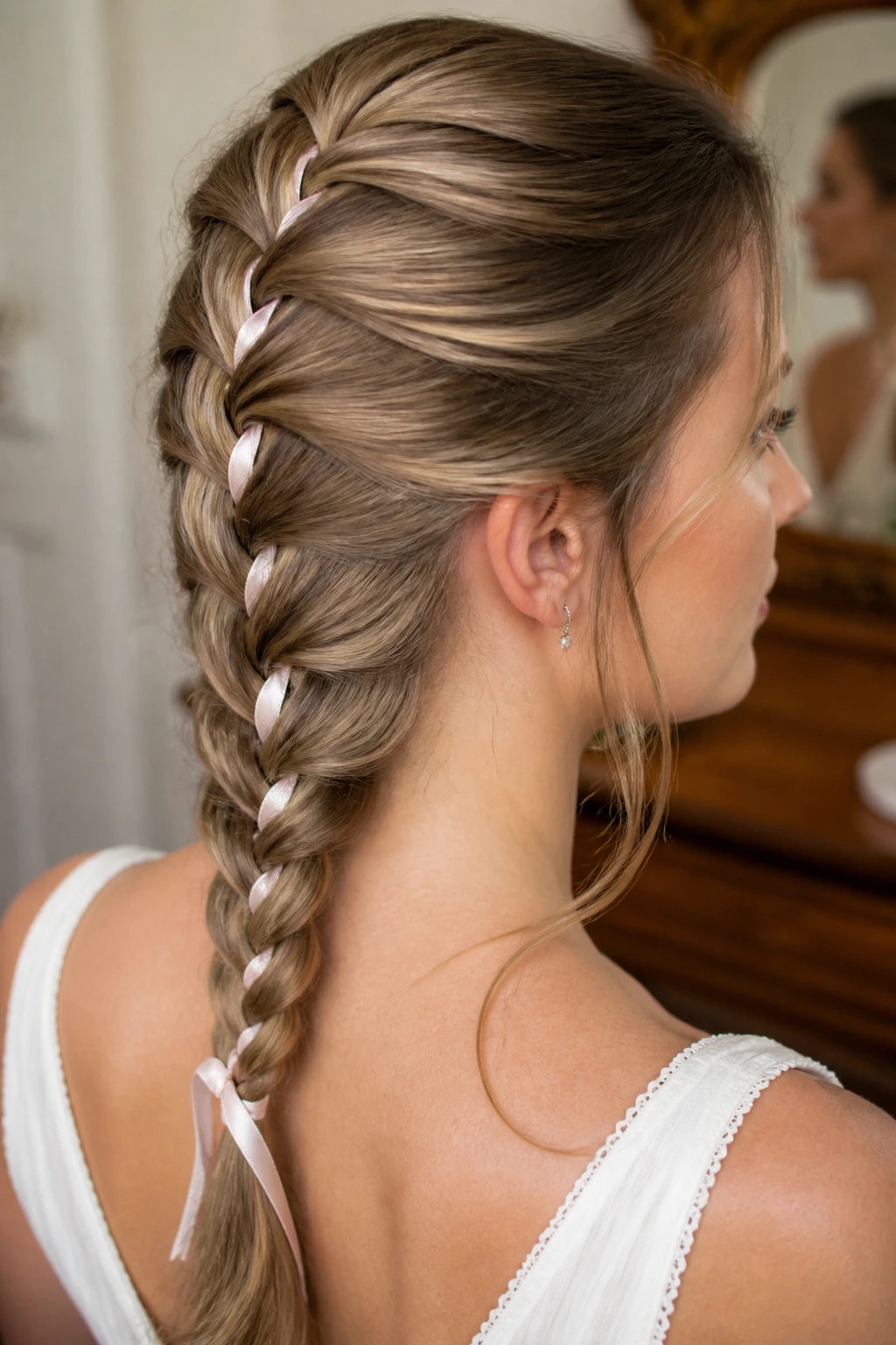 Close-up of a real woman with a satin ribbon woven through a French braid