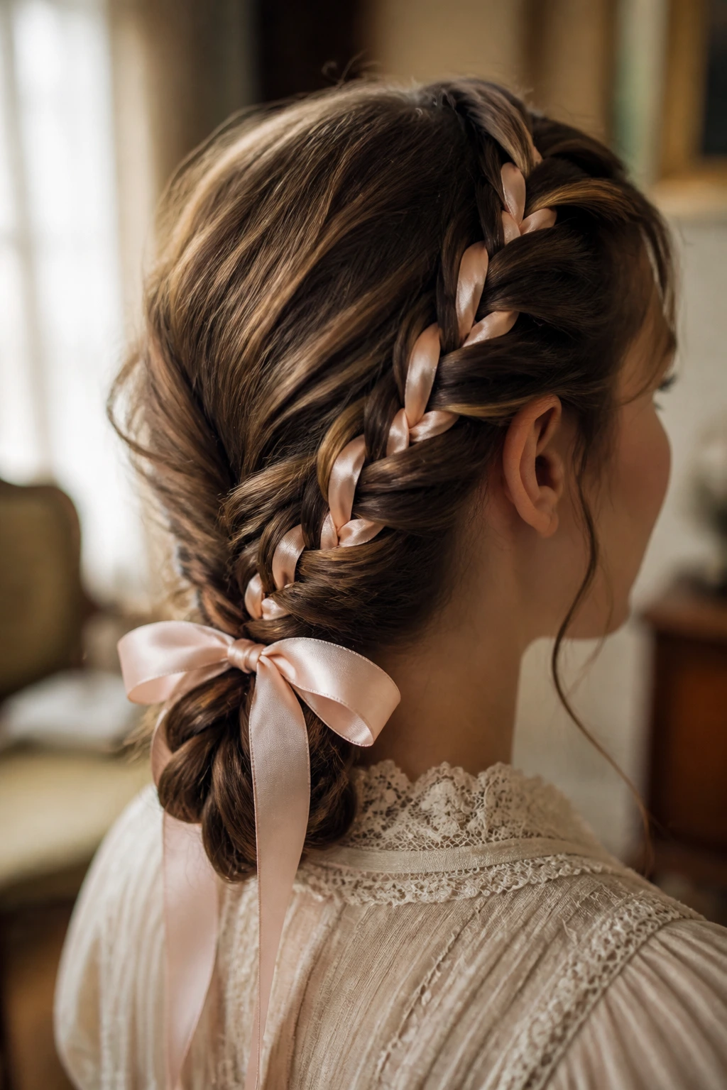 Close-up of a real person with a ribbon-woven vintage braid at the nape