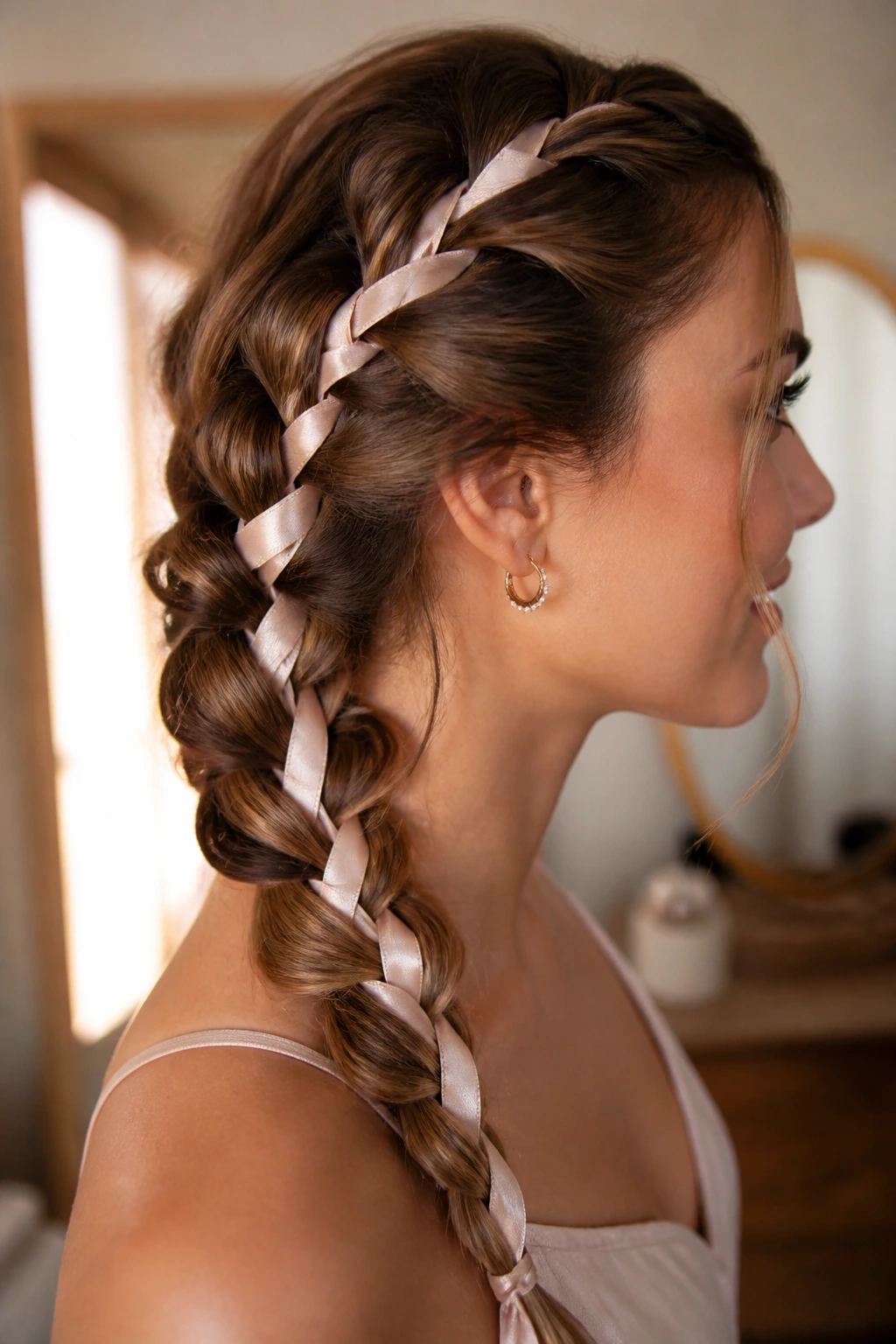Profile of a real woman with a ribbon-woven braid