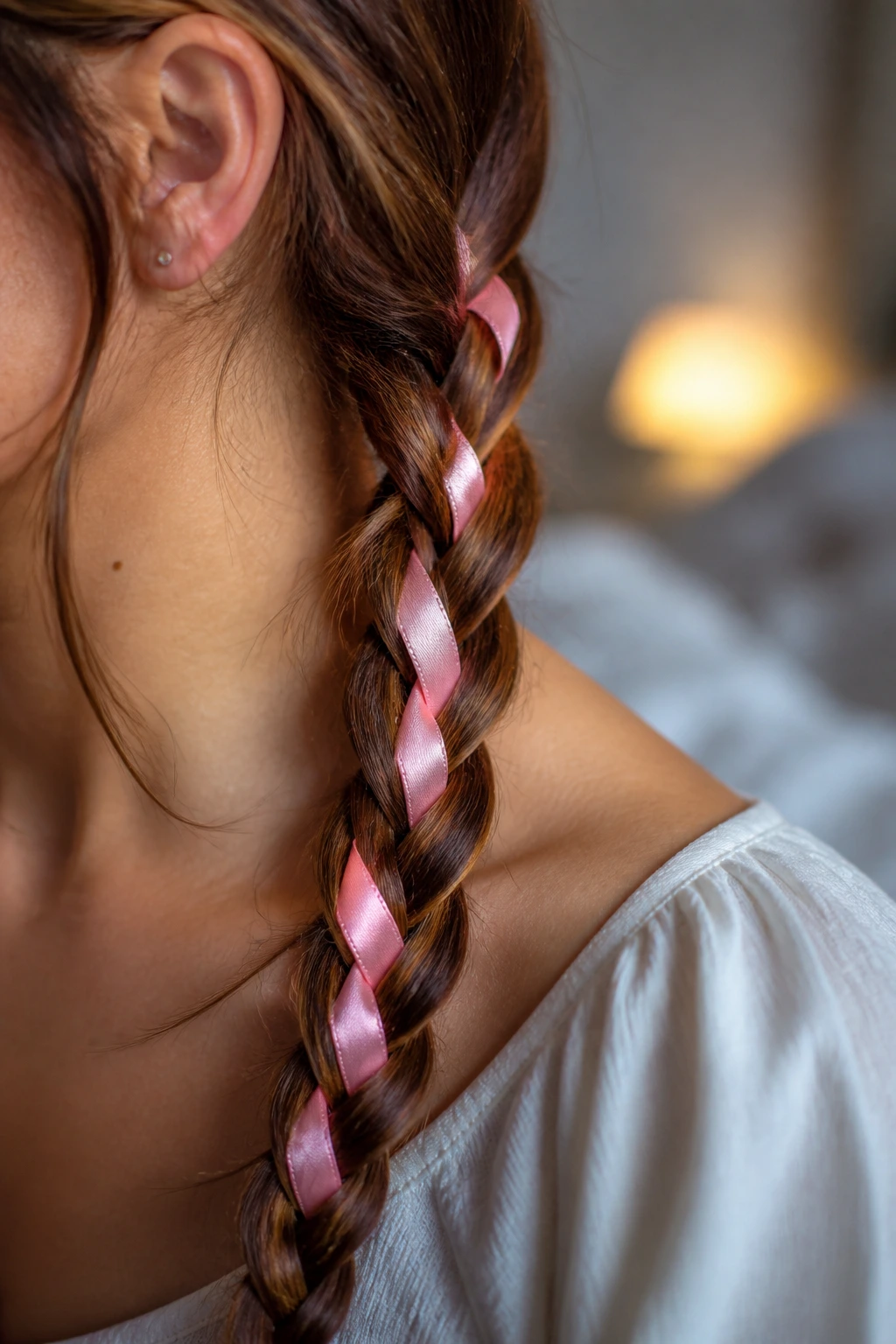 Close-up of satin ribbon woven through a long braid on a real woman