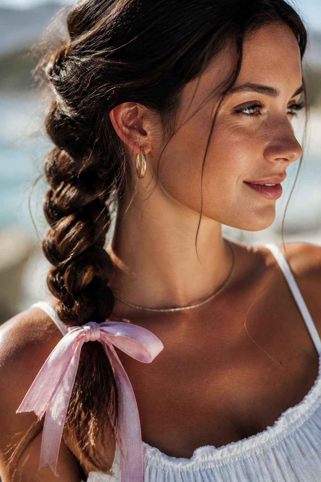 Close-up of a braid with a small ribbon accent.