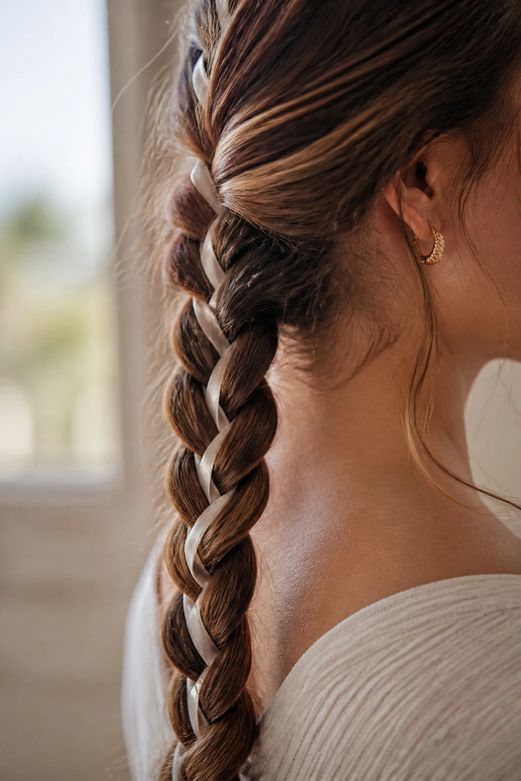 Woman with ribbon-threaded braid in soft light