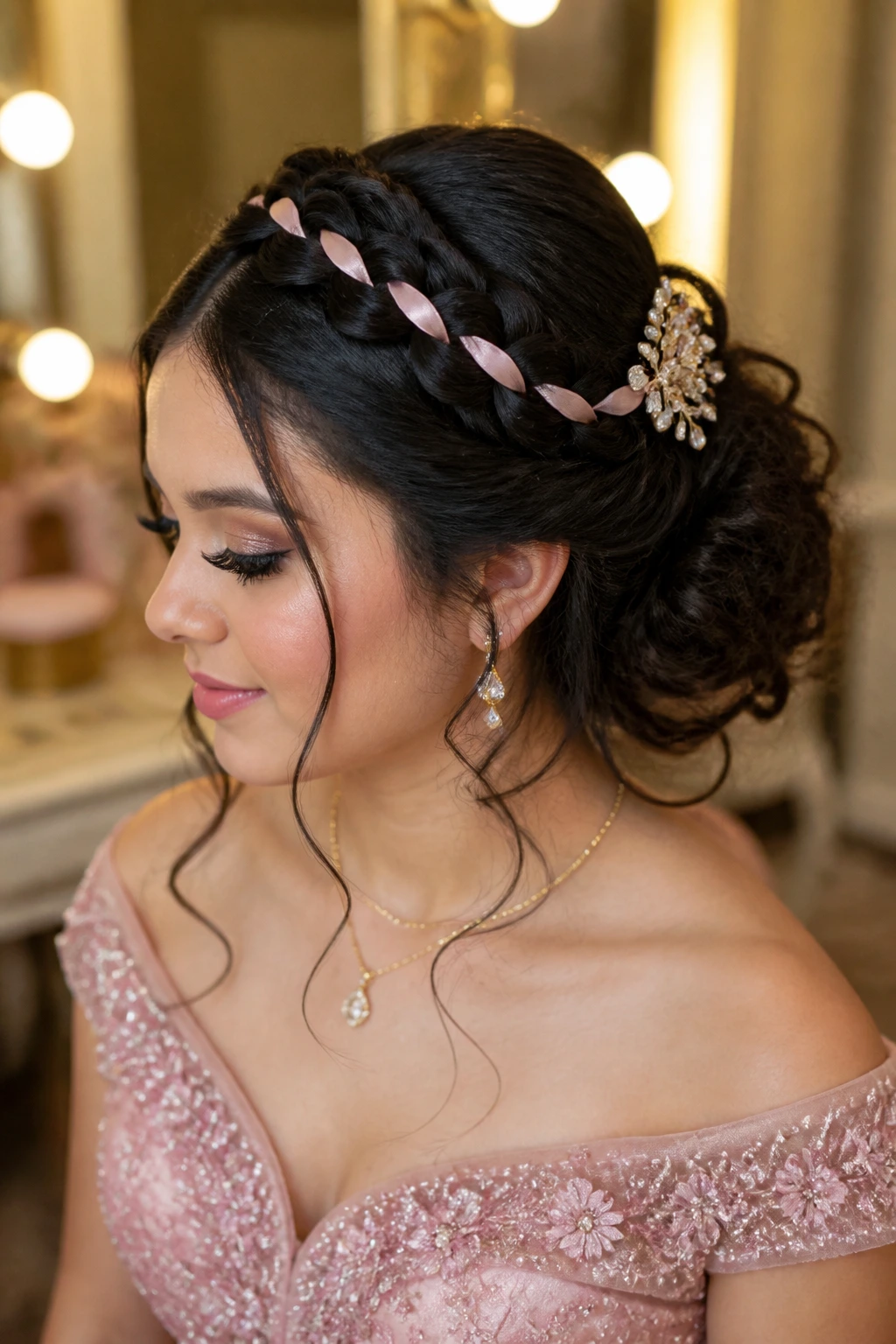 Close-up of real person with ribbon-threaded braid and jeweled pin