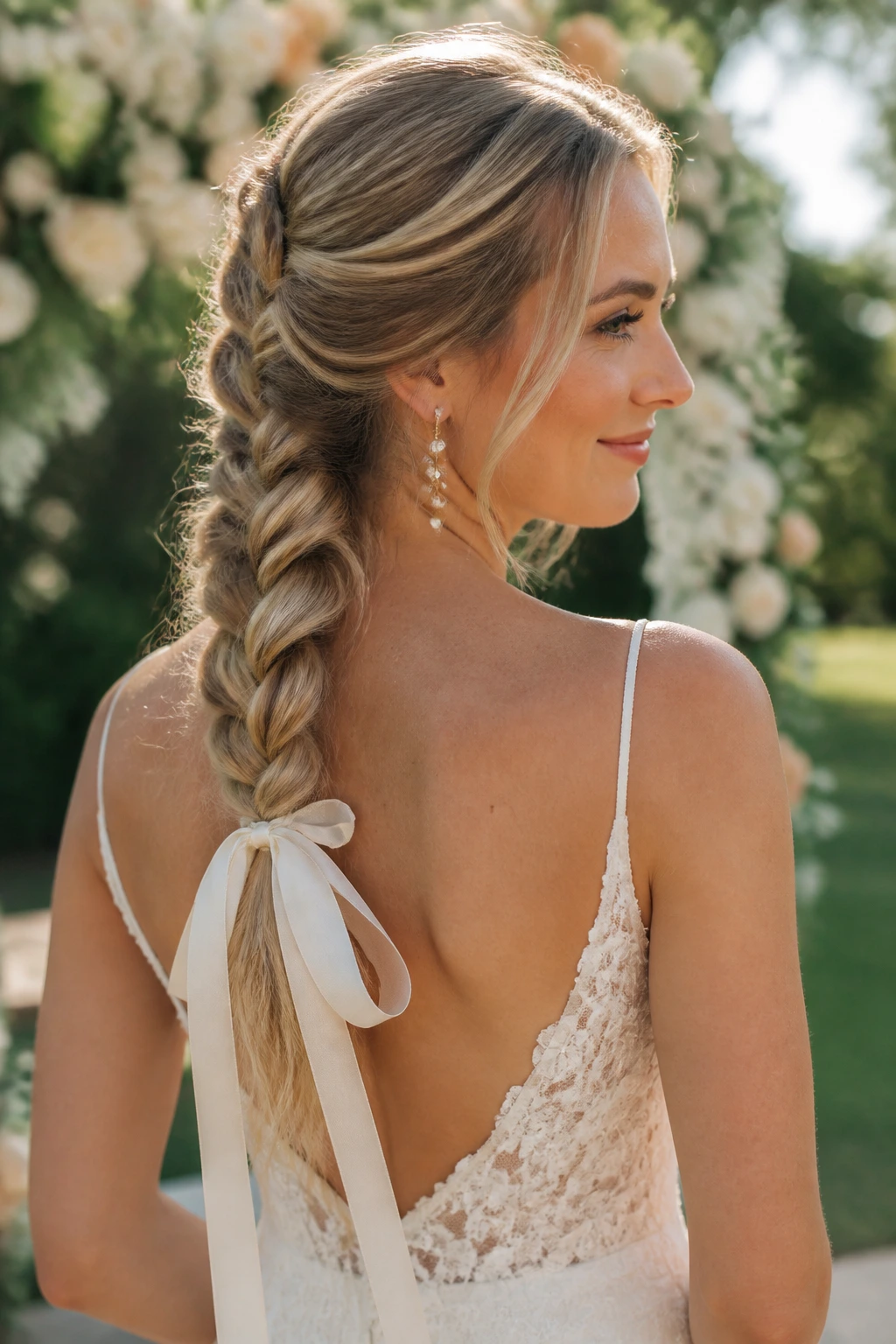 Close-up of a real bride with Ribbon-Tied Braid, braid accented by a ribbon in an outdoor garden