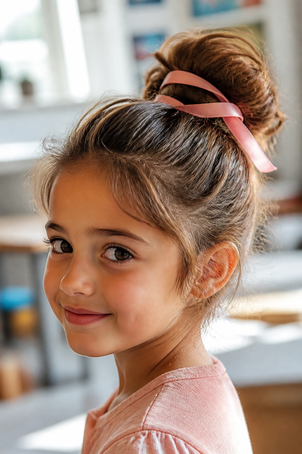Close-up of a girl with a ribbon-wrapped messy bun