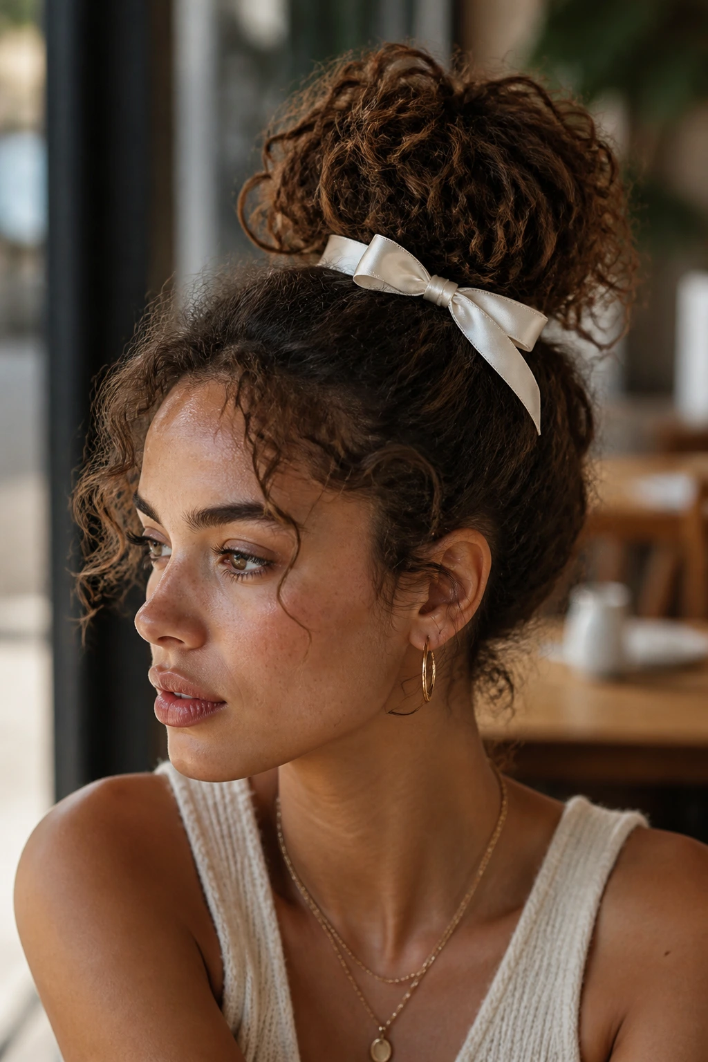 Close-up of Ribbon-Tied Bun on curly hair with satin ribbon in sunlit cafe setting