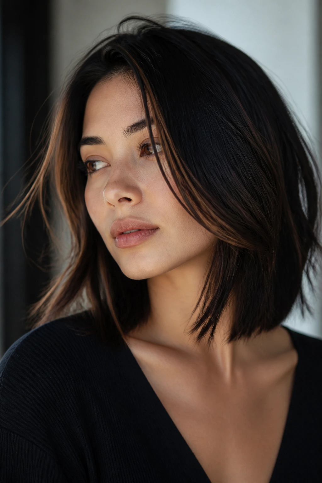 Shoulder-length black hair with chestnut ribbon variations on a real person