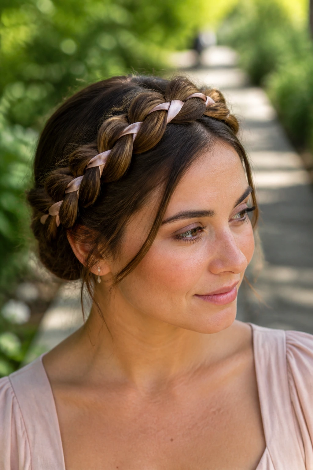 Close-up of a woman with ribbon-woven crown braid outdoors