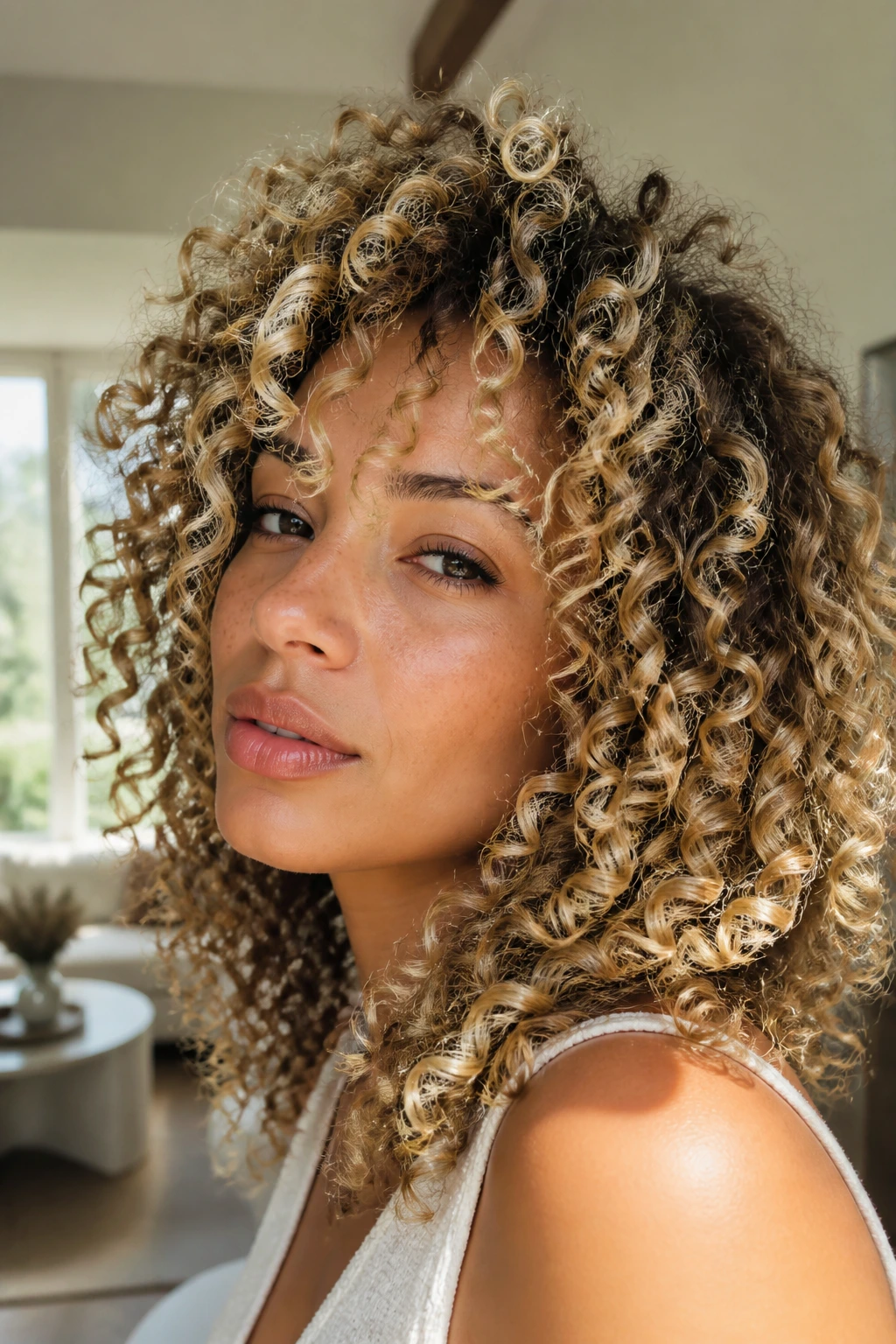 Close-up of a real woman showing golden ribbon curls woven through blonde hair in warm, natural light.