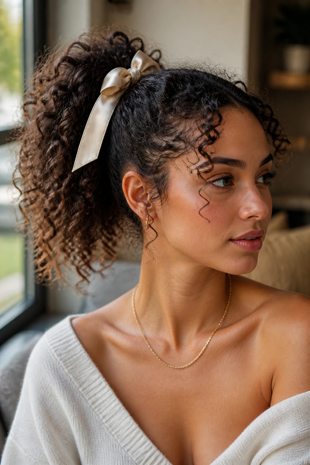 Curly ponytail with ribbon tied at the base on a real woman in a cafe setting.