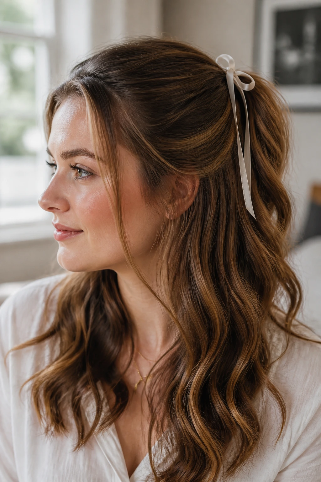 Close-up of a real woman with a ribbon-tied half pony and soft waves