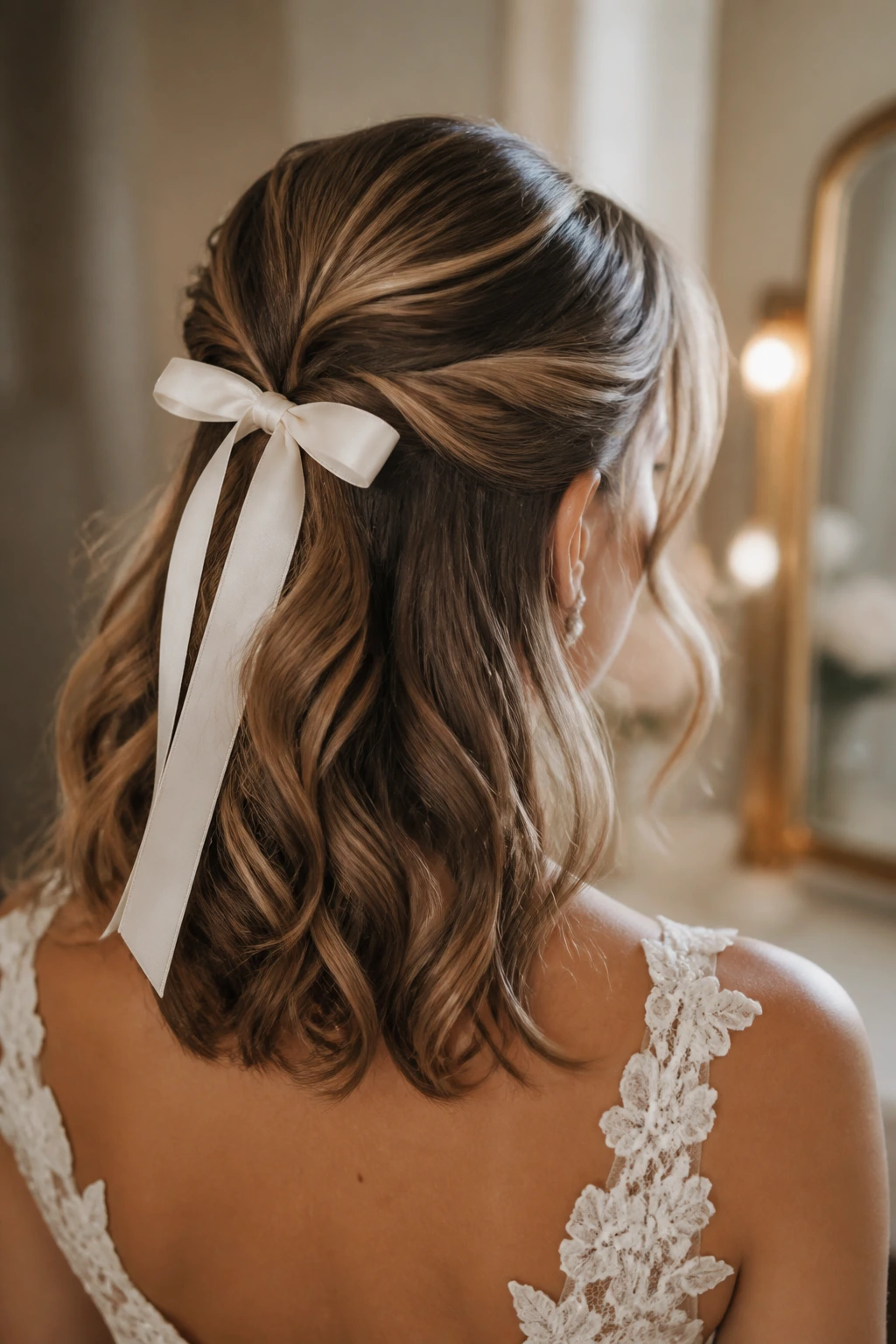 Bride with ribbon-tied half-up bow hairstyle