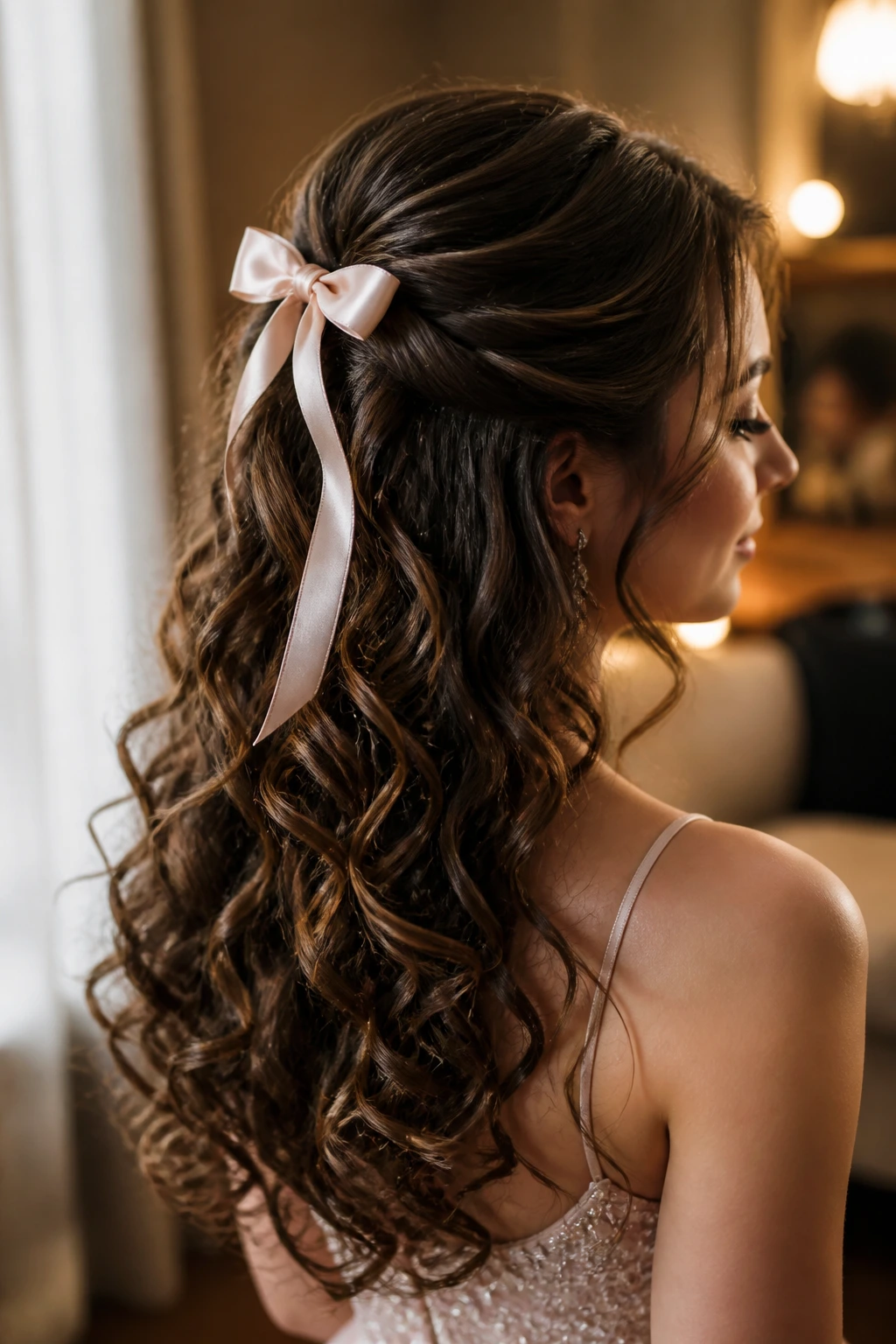 Close-up of real woman with ribbon-tied half-up curls and satin ribbon for prom.