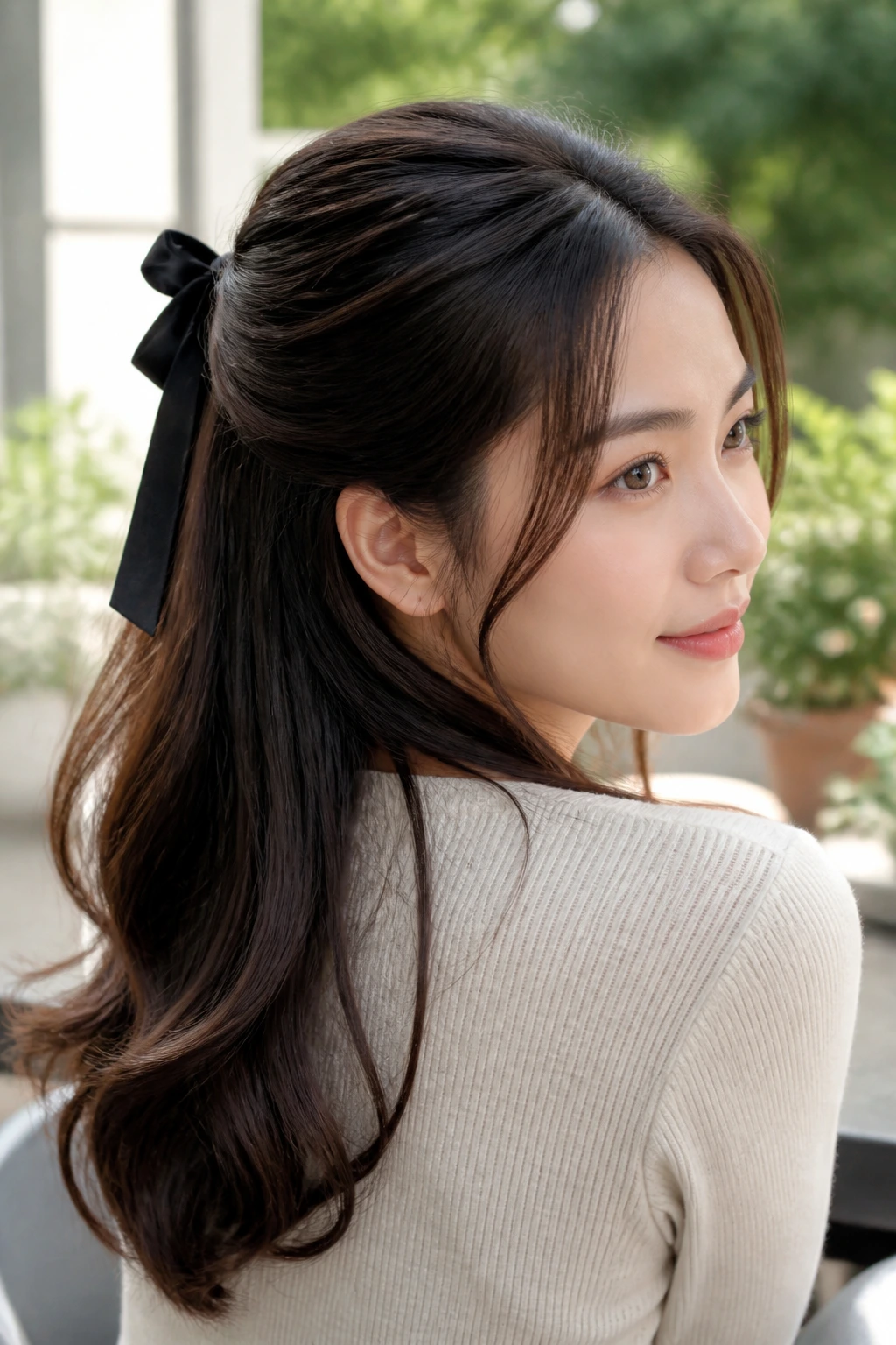Close-up portrait of a person with ribbon-tied half-up hairstyle in natural light