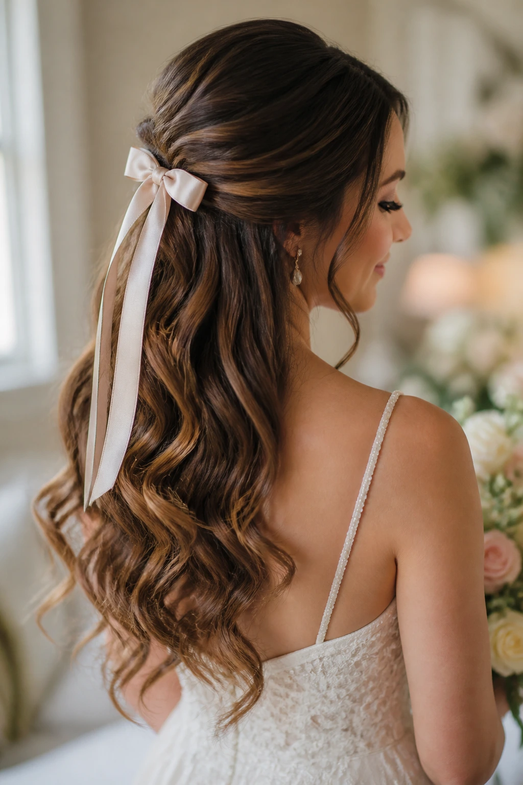 Close-up of a real bride with ribbon-tied half-up waves and satin ribbon in a warm bridal suite