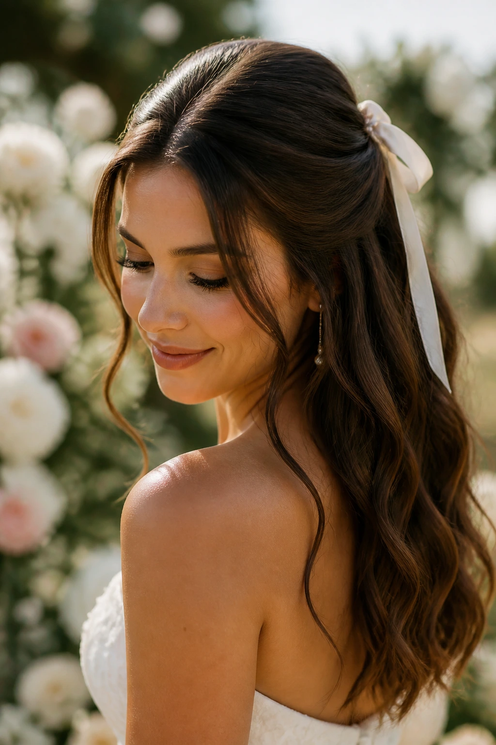 Close-up of a bride with ribbon-tied half-up and center-parted waves