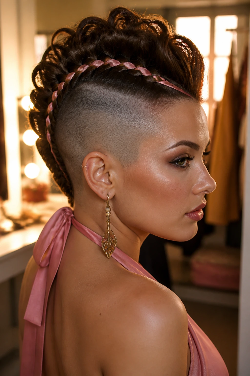 Close-up of real woman with ribbon-woven mohawk under warm window light