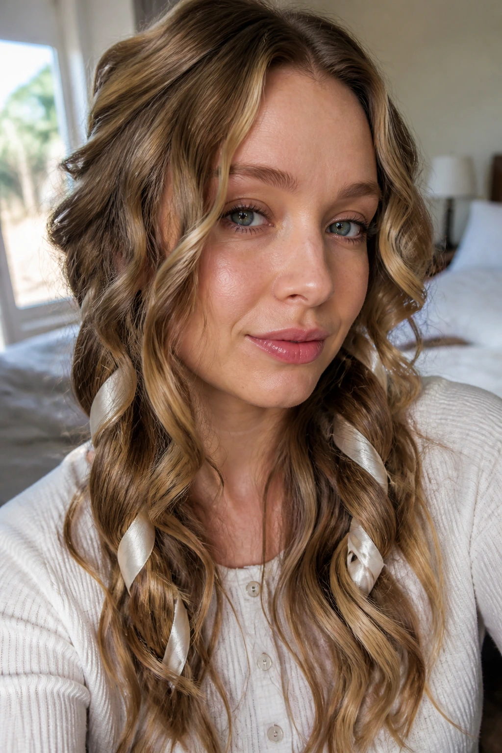 Close-up portrait of a real woman with ribbon-set heatless waves