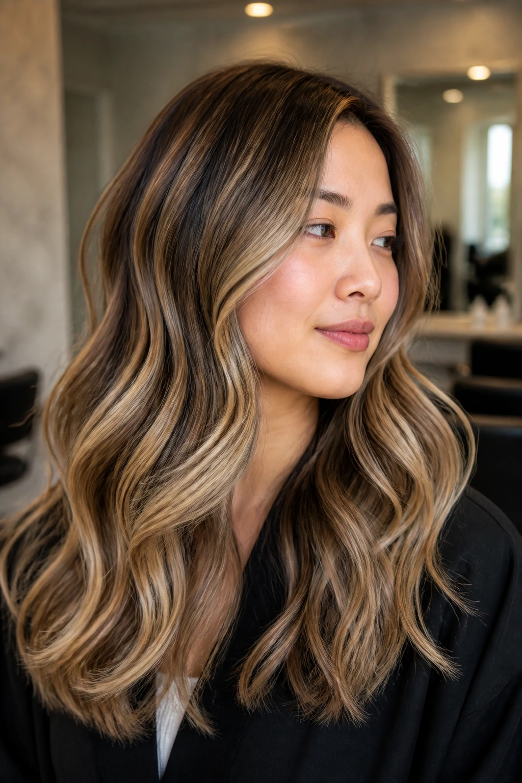 Portrait of a woman with beige and honey ribbon highlights in hair