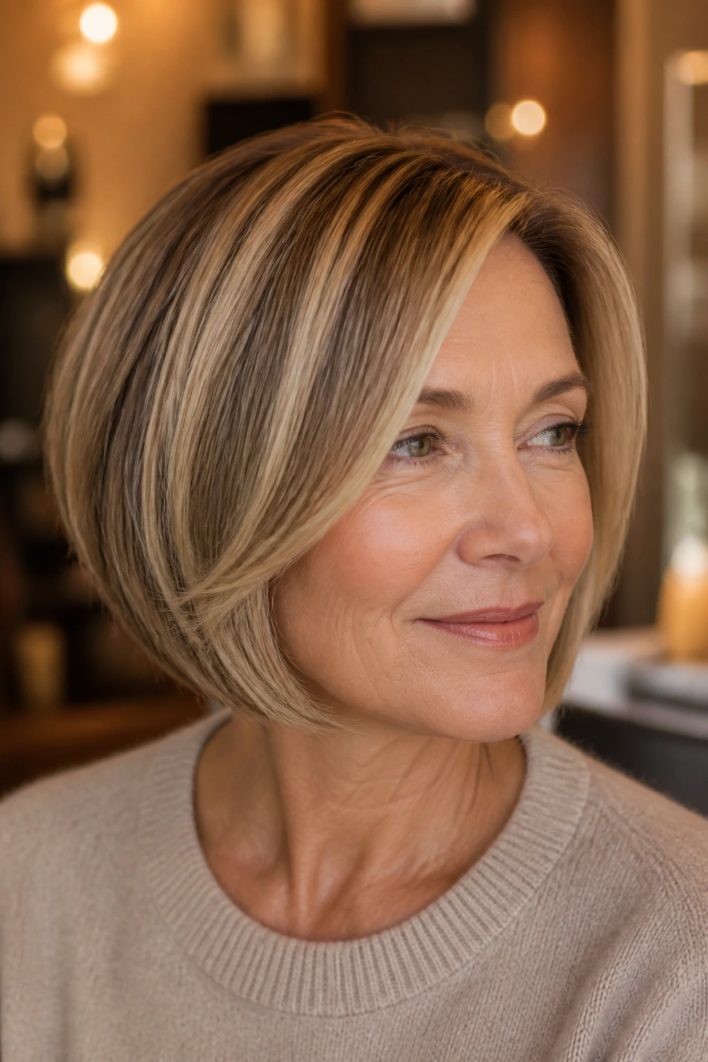 Jaw-length bob with toffee-to-blond ribbons adding depth and movement