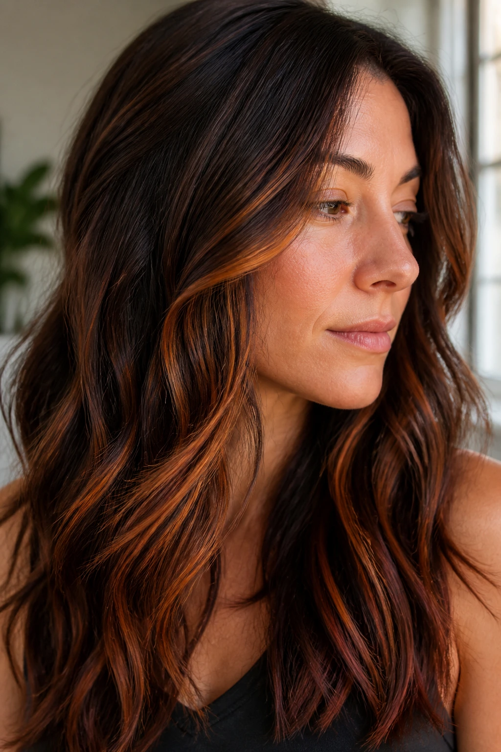 Brunette hair with narrow rust ribbons highlighted by window light