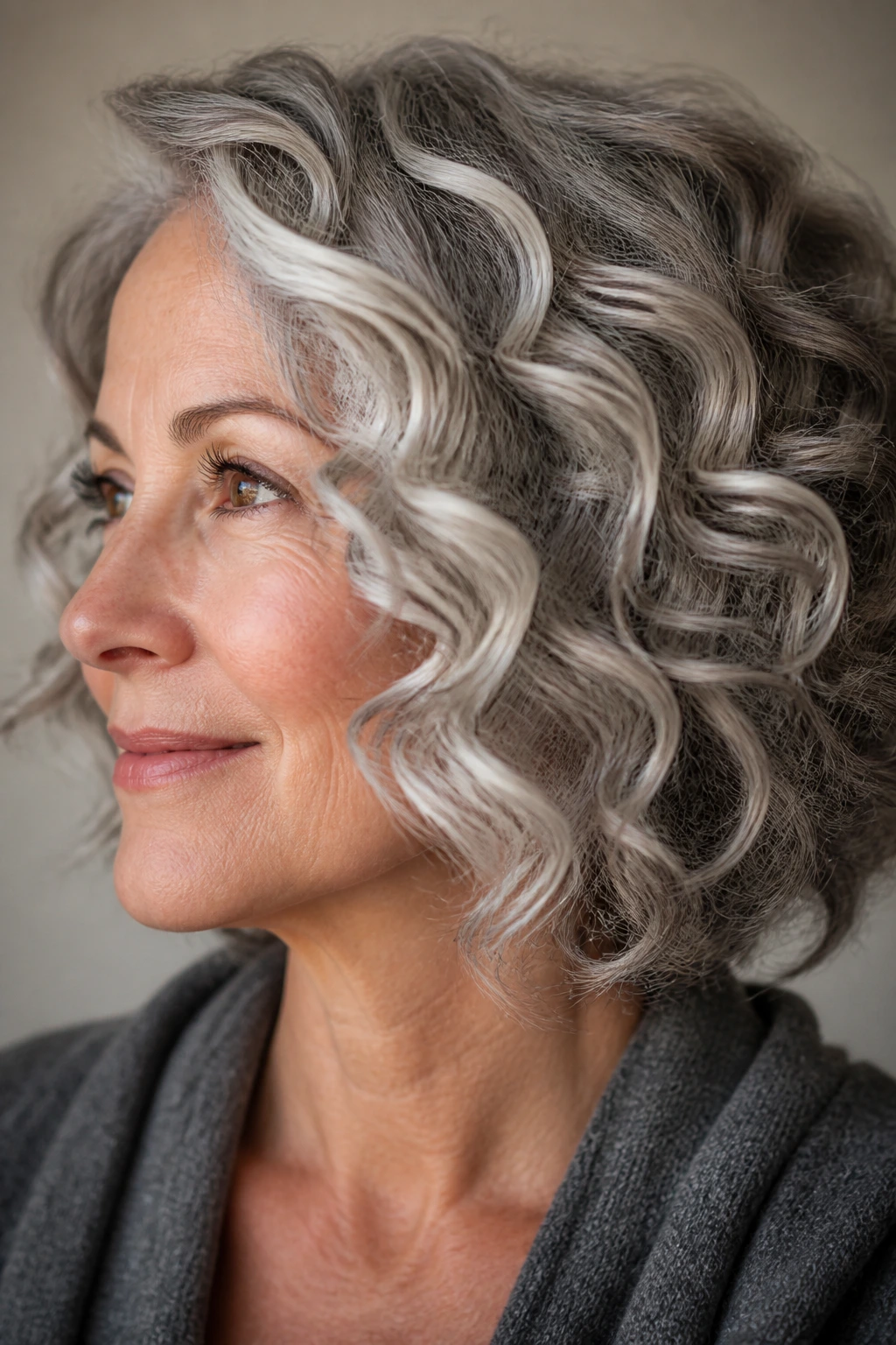 Close-up of a curly gray hairstyle with ribbon highlights catching light