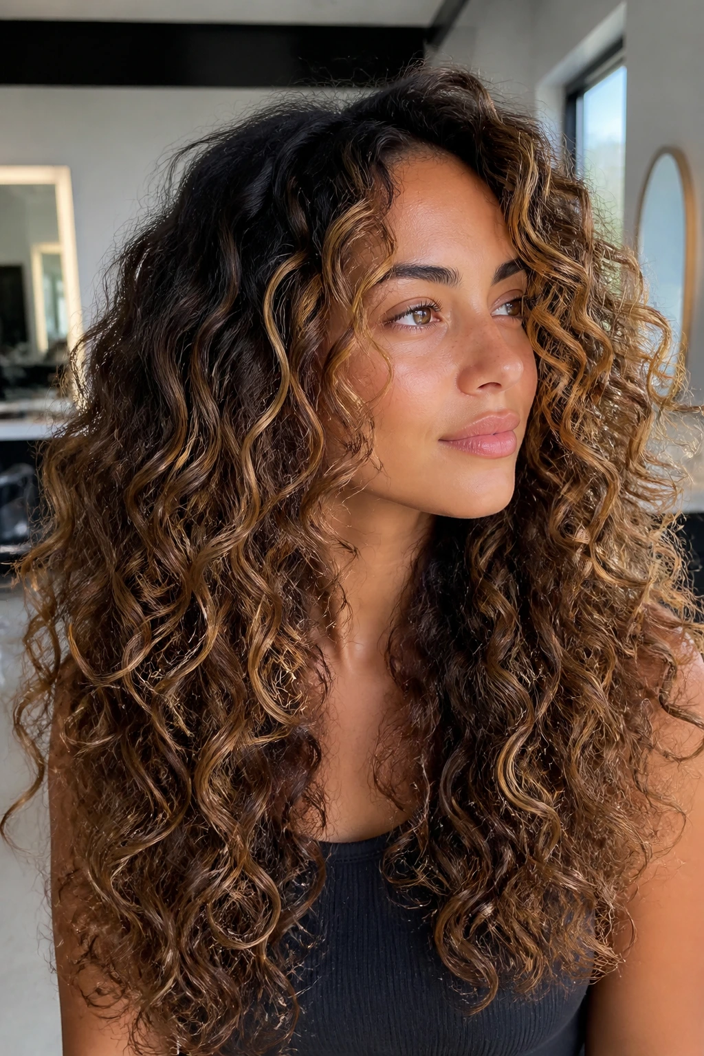 Close-up of a real person’s long curly hair with ribbon highlights on outer curls