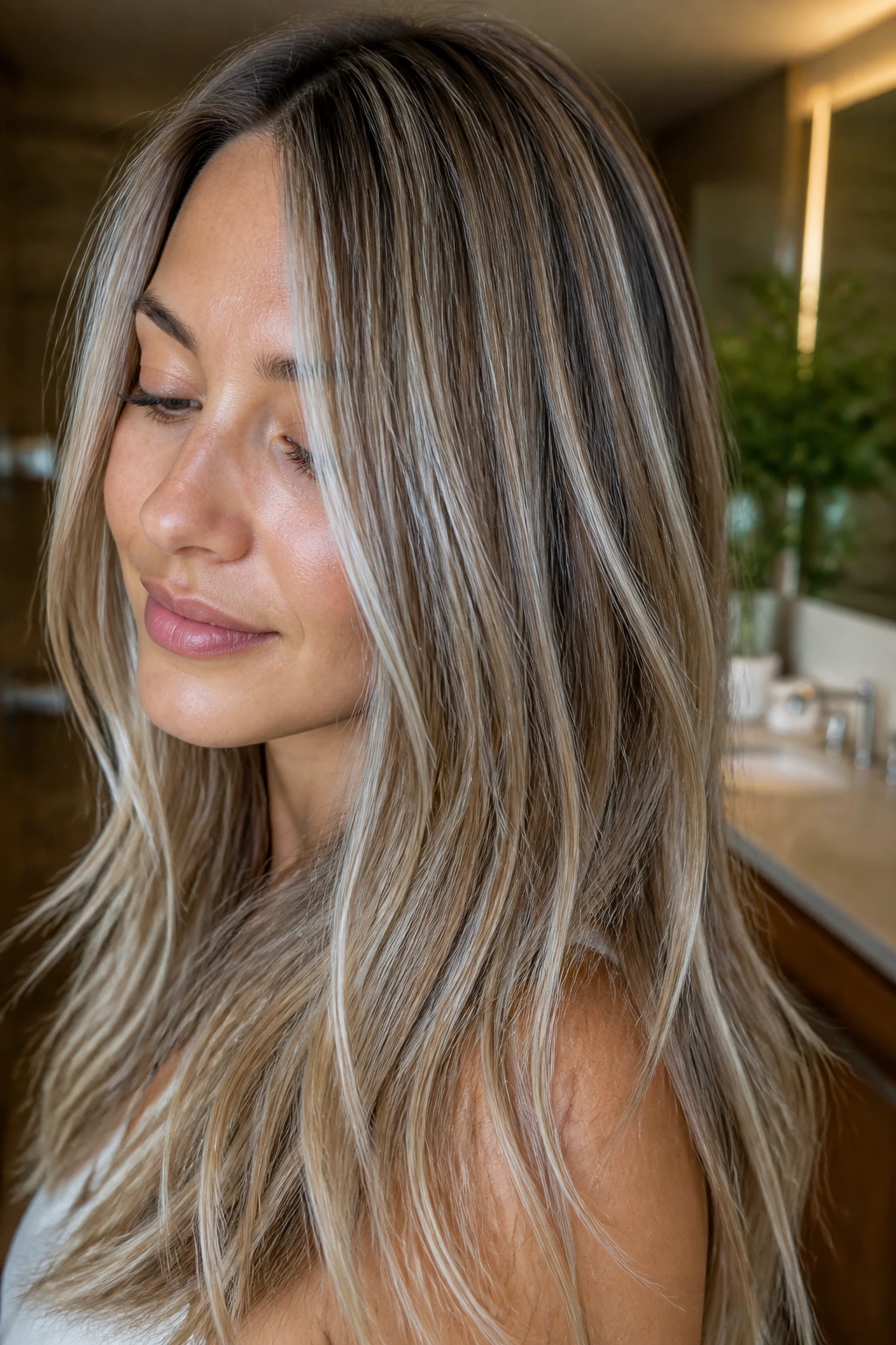 Real woman with dark blonde hair showing thin silver ribbon highlights