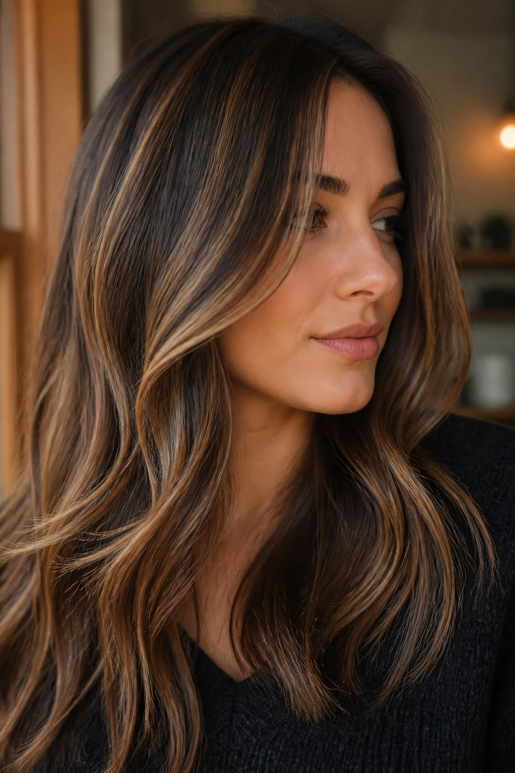 Close-up of medium brown hair with thin honey ribbon highlights