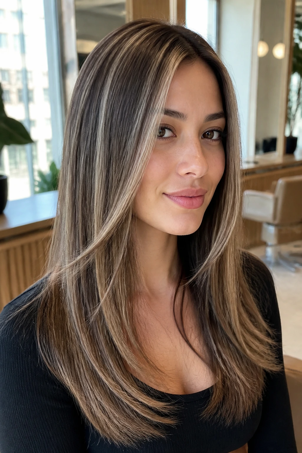 Close-up of a real woman with straight layered hair and ribbon highlights