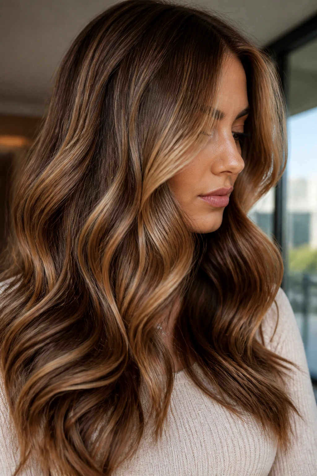 Woman with loose waves and caramel bronze amber ribbons catching light