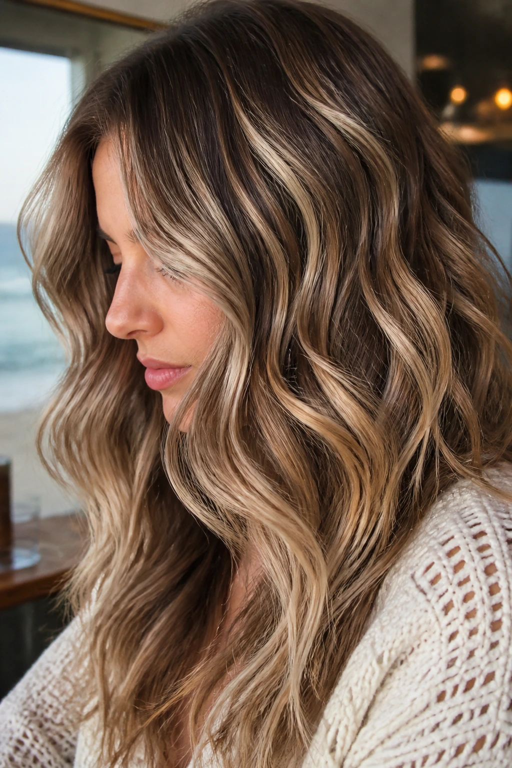 Close-up of wavy hair with ribbon highlights following the wave pattern