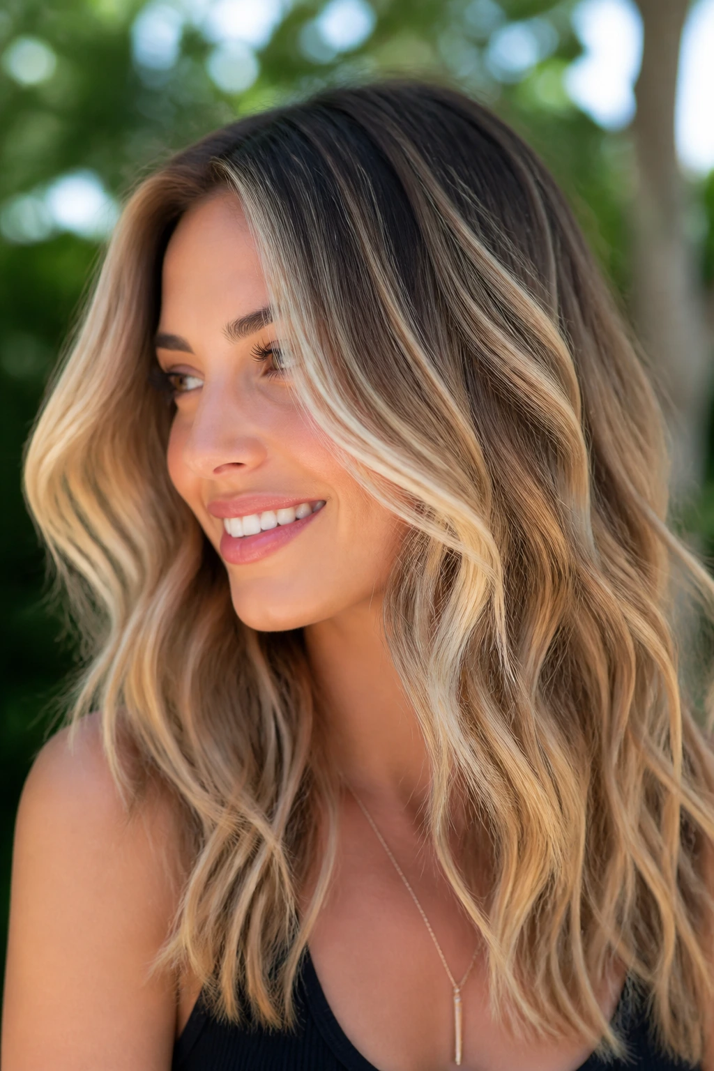 Close-up of a woman with ribbon-style highlights through loose waves