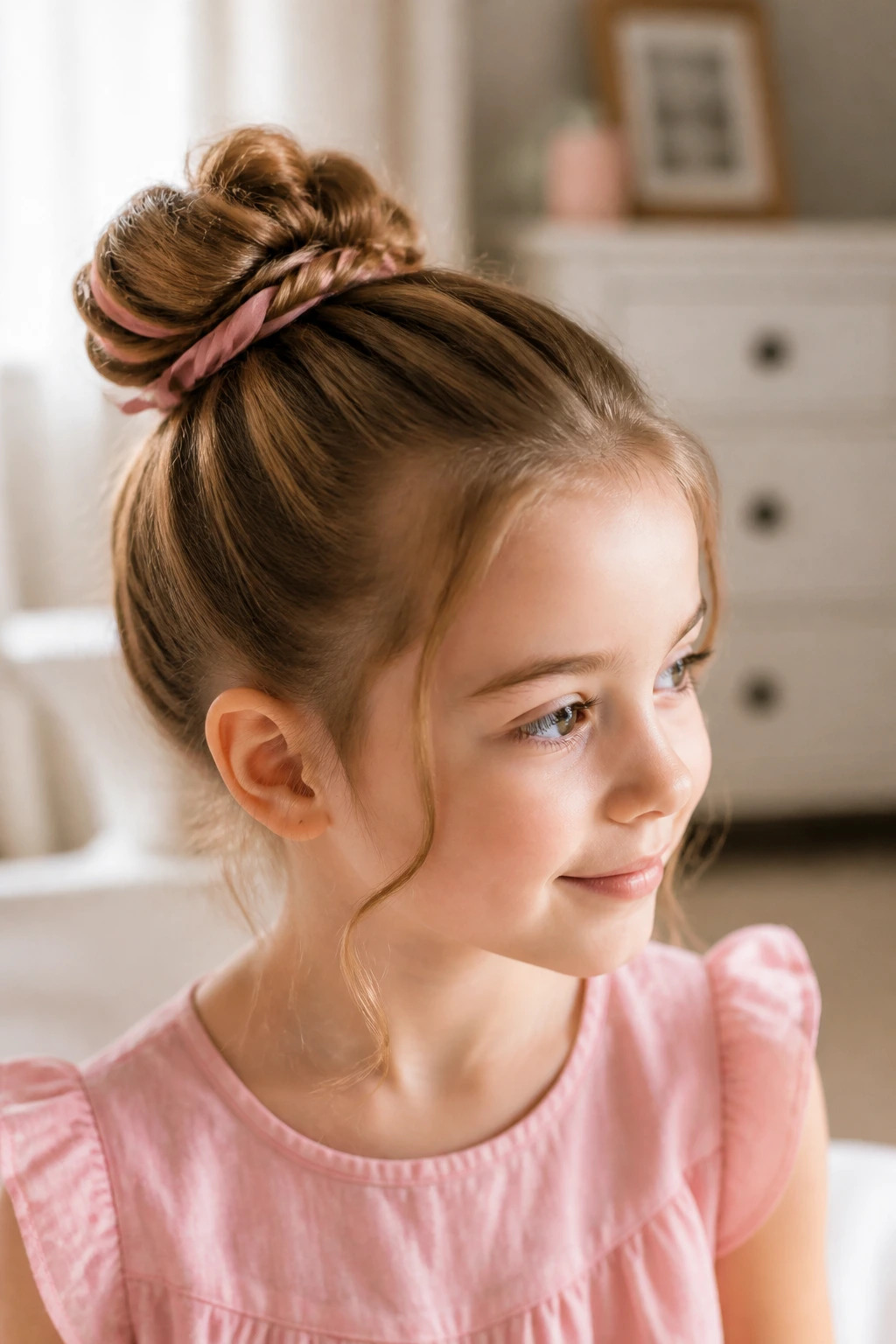 Close-up of a girl with ribbon-laced bun hairstyle