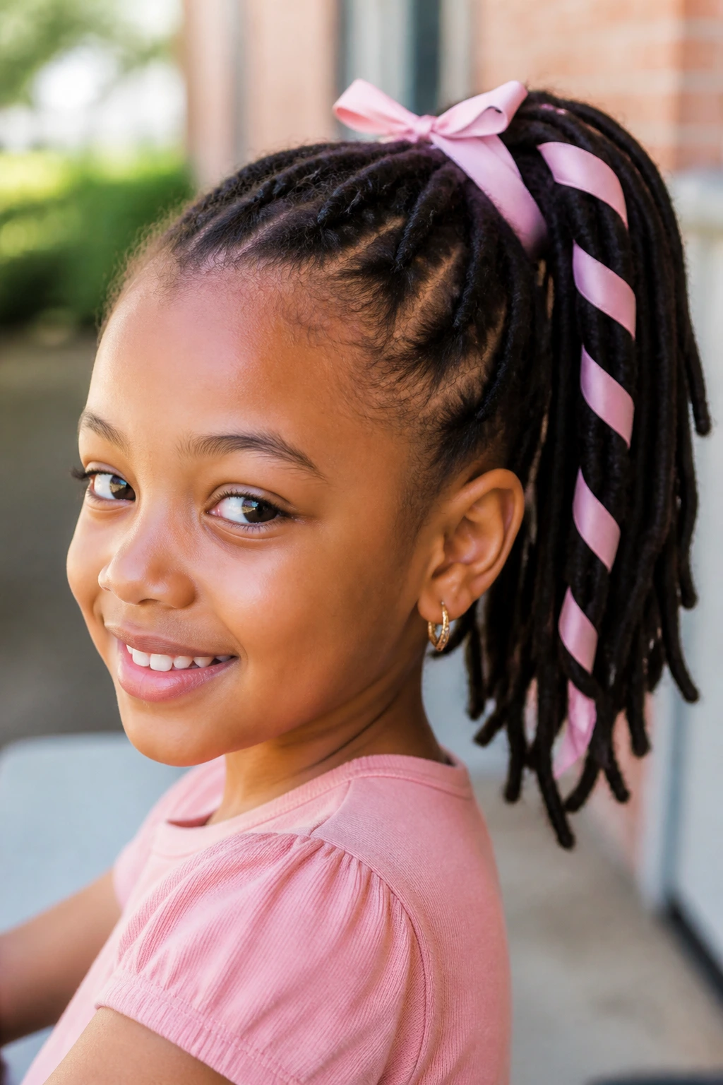 Close-up of a child with a ribbon-laced ponytail in fabric ribbon