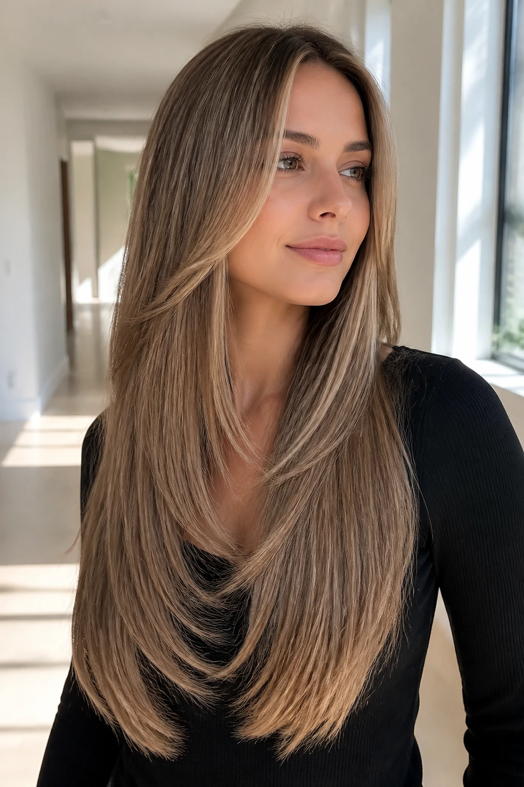 Close-up portrait of a real woman with ribbon layers on straight hair