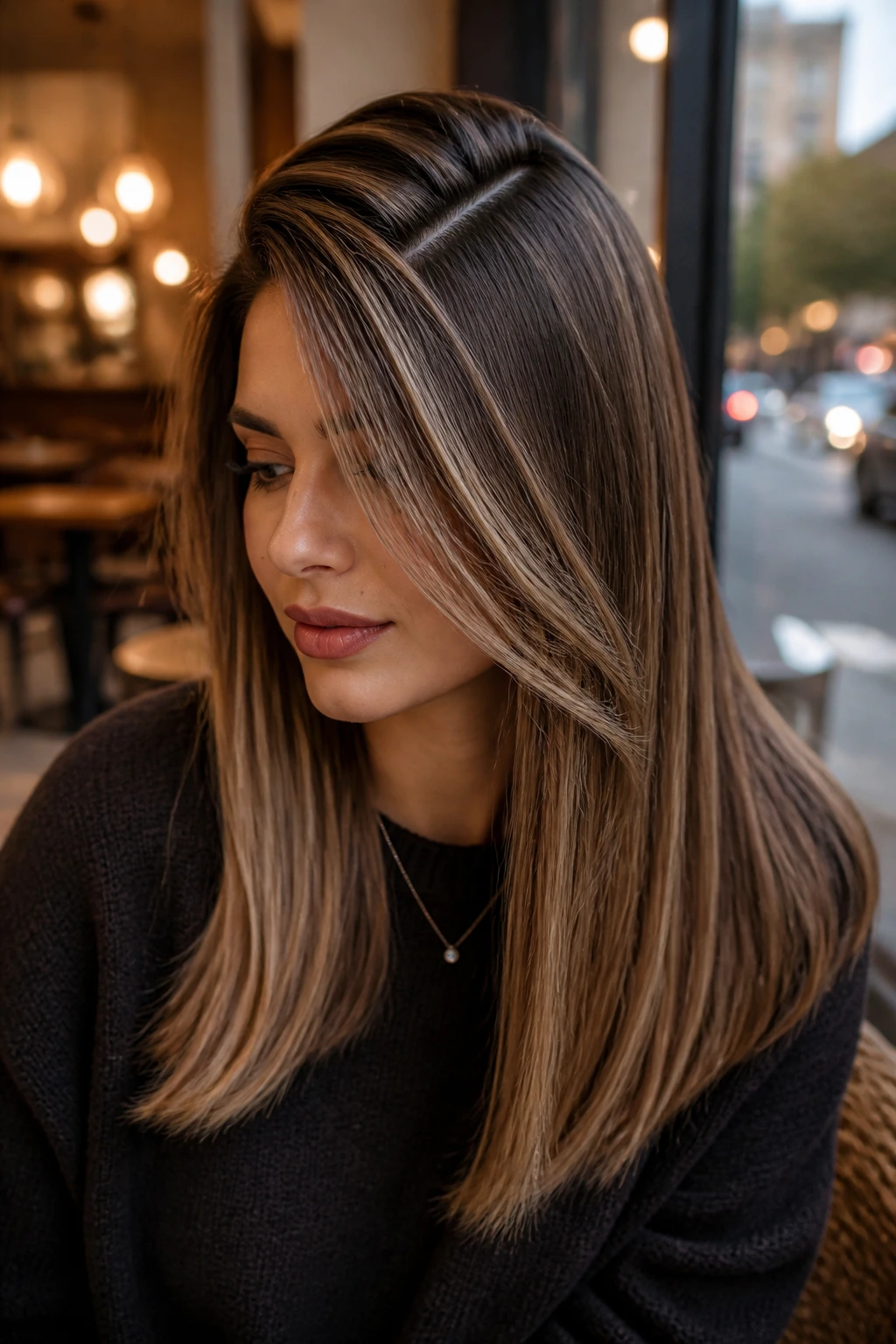 Close-up of a real woman with ribbon lights along a deep side part on straight hair