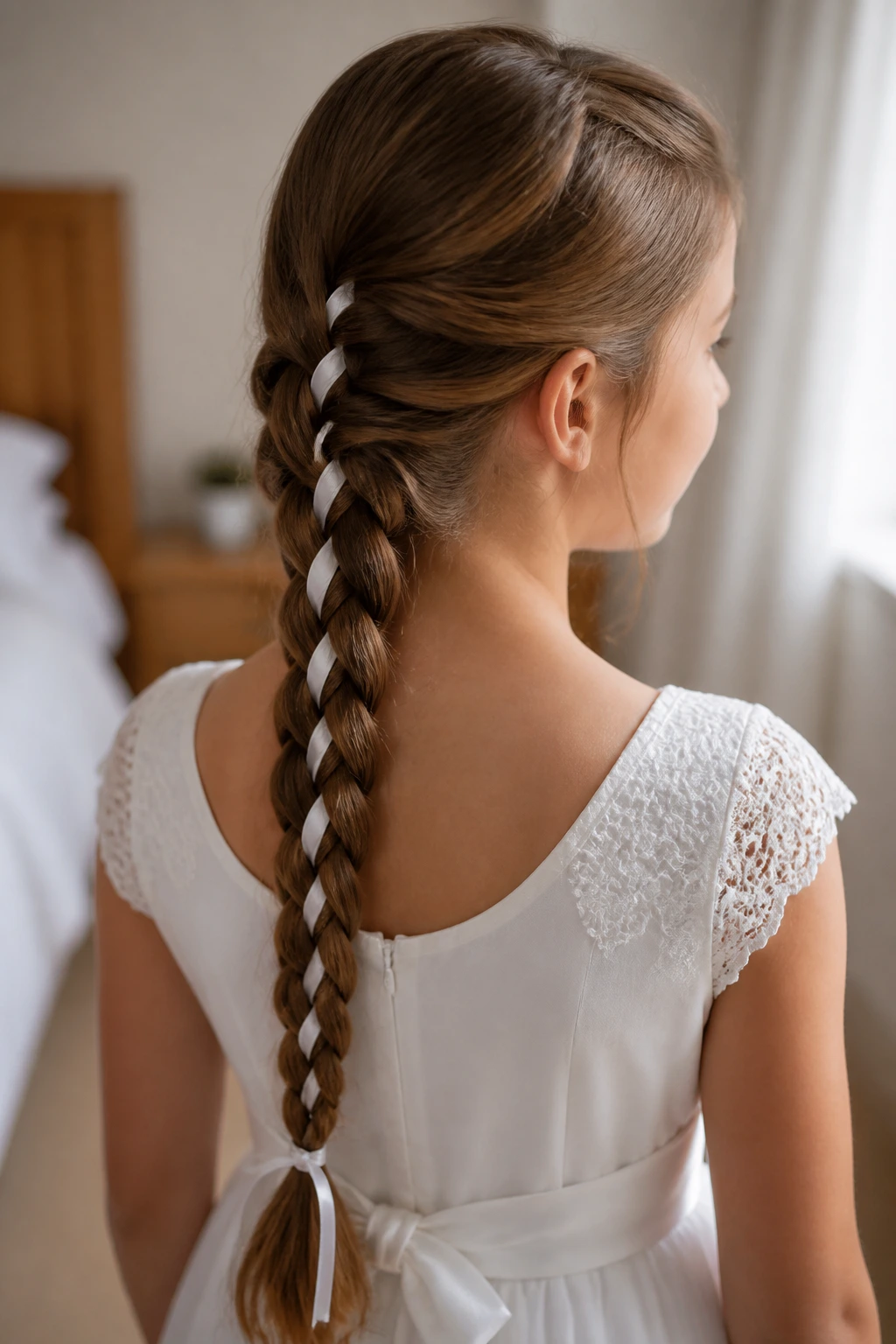 Back view of a child with a long plait and a ribbon woven through